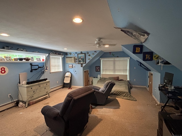 676 Deep River Rd, Colchester, CT 06415 - bedroom featuring carpet, a baseboard radiator, an AC wall unit, and recessed lighting
