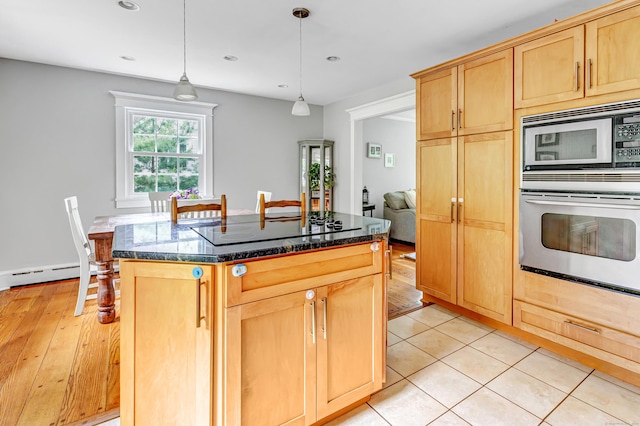 91 Bart Rd, Monroe, CT 06468 - kitchen with wall oven, built in microwave, black electric cooktop, decorative light fixtures, and dark stone countertops