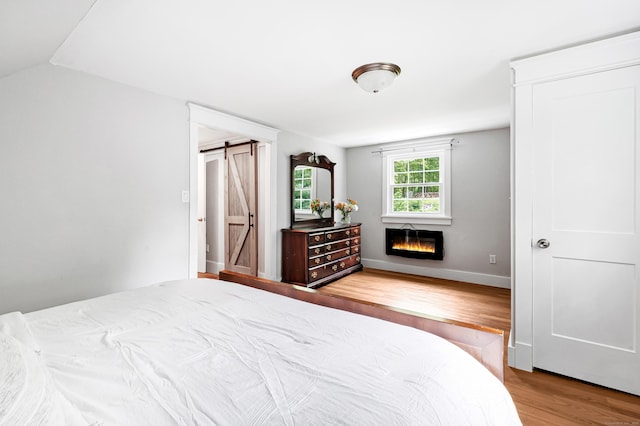 91 Bart Rd, Monroe, CT 06468 - bedroom featuring wood finished floors, a glass covered fireplace, a barn door, and lofted ceiling