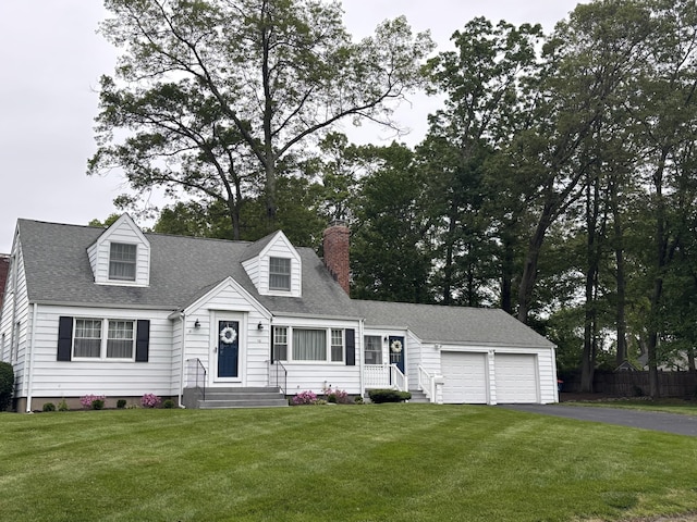 110 Cottage St, Trumbull, CT 06611 - new england style home featuring a garage, asphalt driveway, a chimney, a shingled roof, and entry steps