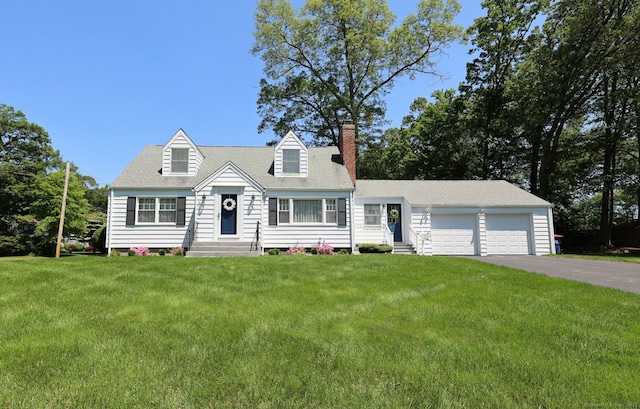 110 Cottage St, Trumbull, CT 06611 - cape cod-style house with entry steps, a chimney, driveway, and a garage