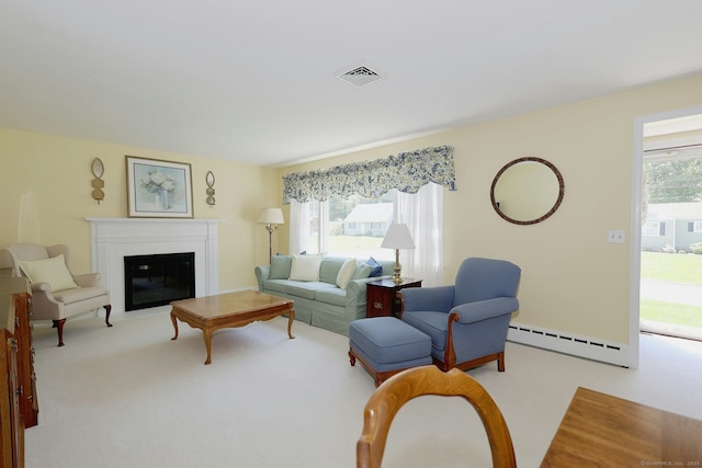 110 Cottage St, Trumbull, CT 06611 - living room with a baseboard radiator, a glass covered fireplace, and carpet flooring