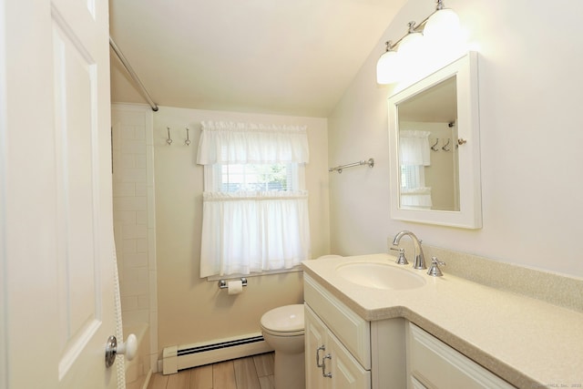 110 Cottage St, Trumbull, CT 06611 - full bathroom with a baseboard radiator, vanity, toilet, shower / bathtub combination, and wood finished floors