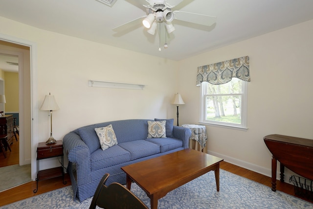 110 Cottage St, Trumbull, CT 06611 - living room with wood finished floors, a ceiling fan, and baseboards