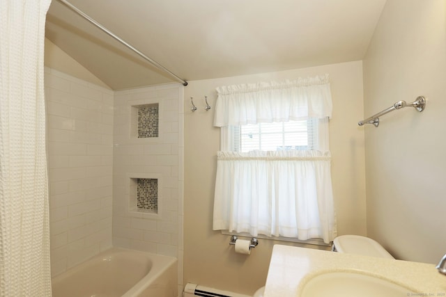 110 Cottage St, Trumbull, CT 06611 - bathroom with toilet, shower / tub combo, a baseboard radiator, vanity, and lofted ceiling