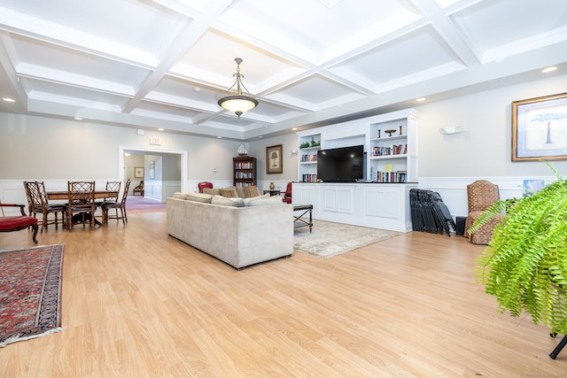 237 Fern St Apt 206W, West Hartford, CT 06119 - living area featuring coffered ceiling, light wood-type flooring, beam ceiling, and wainscoting