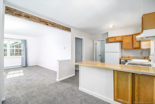 12 Terrace Pl Unit 12, New Milford, CT 06776 - kitchen with freestanding refrigerator, carpet floors, a peninsula, a sink, and brown cabinets
