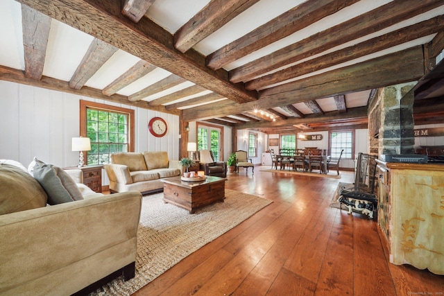 6 Downe Ln, Wilton, CT 06897 - living area with hardwood / wood-style floors, beamed ceiling, and plenty of natural light