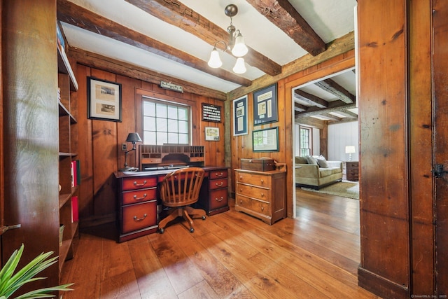 6 Downe Ln, Wilton, CT 06897 - office featuring light wood-style floors, beam ceiling, and wooden walls