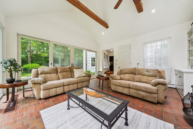 6 Downe Ln, Wilton, CT 06897 - living area featuring high vaulted ceiling, ceiling fan, healthy amount of natural light, a baseboard heating unit, and recessed lighting