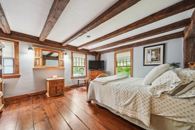 6 Downe Ln, Wilton, CT 06897 - bedroom with baseboards, dark wood-style floors, and beam ceiling