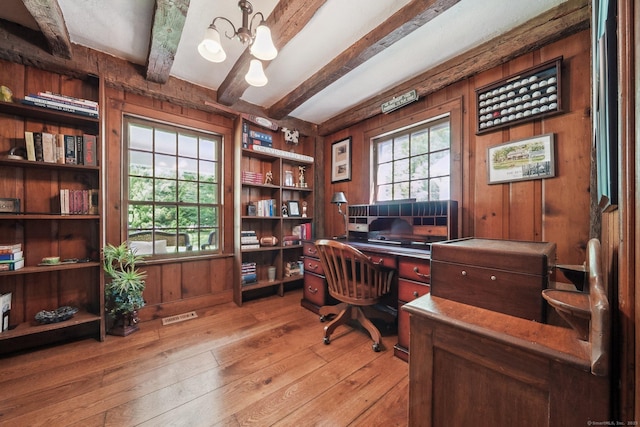 6 Downe Ln, Wilton, CT 06897 - home office with beamed ceiling, light wood finished floors, a chandelier, and wood walls