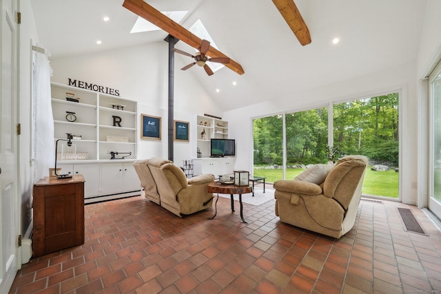6 Downe Ln, Wilton, CT 06897 - living area with high vaulted ceiling, beam ceiling, a skylight, a ceiling fan, and baseboard heating