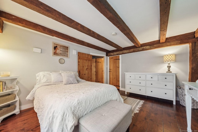 6 Downe Ln, Wilton, CT 06897 - bedroom featuring baseboards, dark wood-type flooring, and beamed ceiling