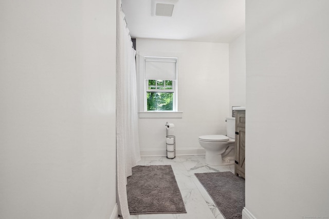 6 Downe Ln, Wilton, CT 06897 - full bathroom featuring marble look tiles, vanity, toilet, baseboards, and a shower with curtain