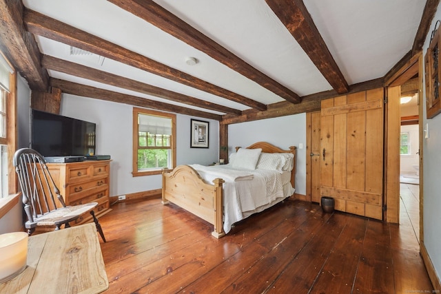 6 Downe Ln, Wilton, CT 06897 - bedroom featuring hardwood / wood-style floors, beamed ceiling, and baseboards