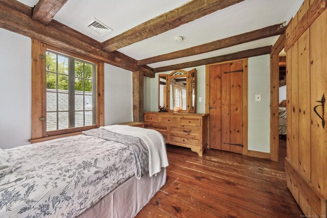 6 Downe Ln, Wilton, CT 06897 - bedroom featuring dark wood-type flooring and beamed ceiling