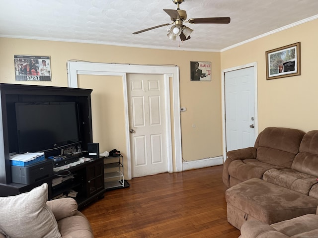 290 Ridgefield Ave, Bridgeport, CT 06610 - living area featuring a ceiling fan, wood finished floors, and ornamental molding