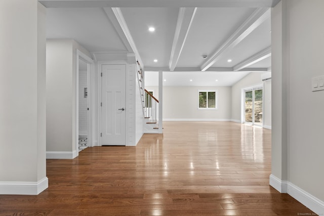 73 Nedobity Rd, Haddam, CT 06441 - unfurnished room featuring hardwood / wood-style floors, stairs, beamed ceiling, baseboards, and recessed lighting