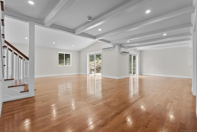 73 Nedobity Rd, Haddam, CT 06441 - unfurnished living room with a wall mounted air conditioner, beam ceiling, light wood finished floors, stairway, and crown molding