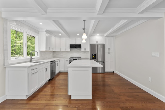 73 Nedobity Rd, Haddam, CT 06441 - kitchen featuring stainless steel appliances, a sink, exhaust hood, beam ceiling, and a kitchen island