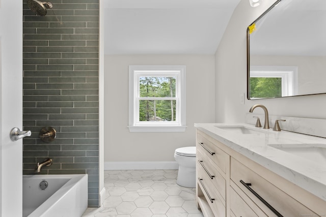 73 Nedobity Rd, Haddam, CT 06441 - full bath featuring double vanity, toilet, tile patterned floors, bathtub / shower combination, and baseboards