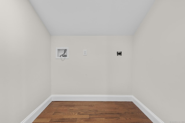 73 Nedobity Rd, Haddam, CT 06441 - laundry room with electric dryer hookup, hookup for a washing machine, wood finished floors, and baseboards