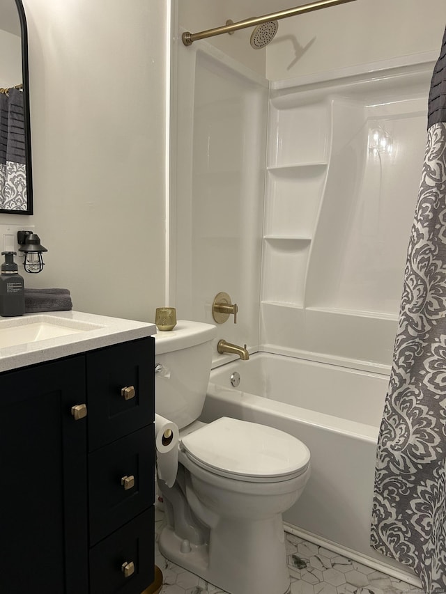 146 Knowlton St, Stratford, CT 06615 - bathroom featuring vanity, shower / bath combination with curtain, toilet, and marble finish flooring
