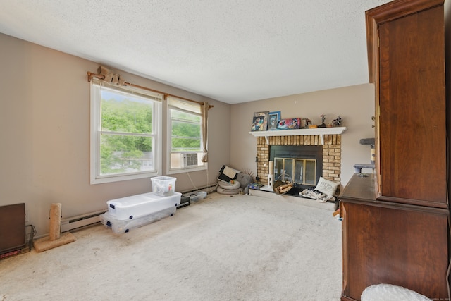 23 Fenwick Ct, Groton, CT 06355 - carpeted living area featuring a textured ceiling, a brick fireplace, and cooling unit