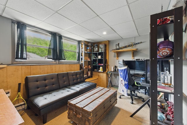 23 Fenwick Ct, Groton, CT 06355 - home office featuring a drop ceiling, wooden walls, and carpet floors