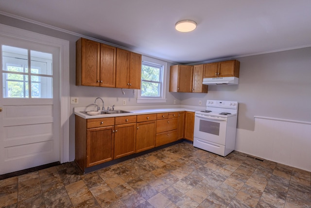 36 Broad St, Meriden, CT 06450 - kitchen with white range with electric stovetop, under cabinet range hood, a sink, light countertops, and crown molding
