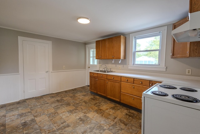 36 Broad St, Meriden, CT 06450 - kitchen featuring range hood, a sink, white electric range oven, brown cabinetry, and light countertops
