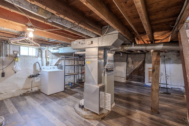 36 Broad St, Meriden, CT 06450 - below grade area featuring washer / clothes dryer, wood finished floors, and heating unit