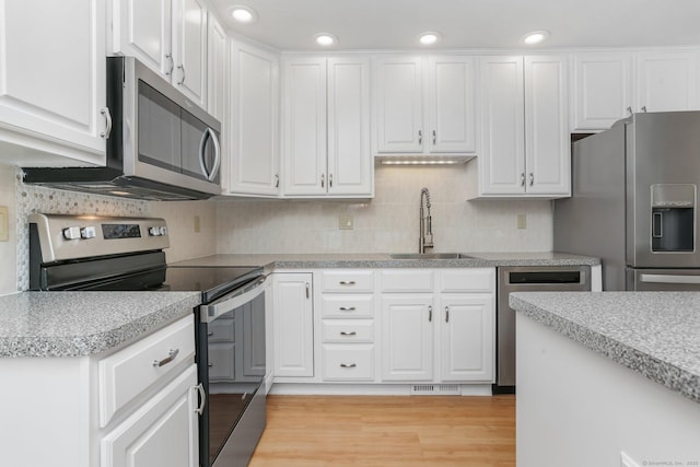 31 Elizabeth St, Shelton, CT 06484 - kitchen with appliances with stainless steel finishes, a sink, white cabinetry, light countertops, and recessed lighting