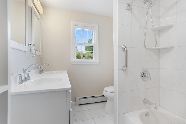 31 Elizabeth St, Shelton, CT 06484 - bathroom featuring a baseboard radiator, double vanity, toilet, tile patterned flooring, and shower / bathtub combination