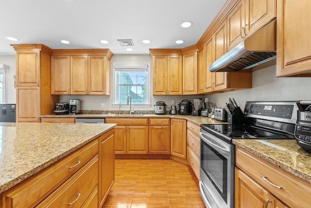 3657 Park Ave, Fairfield, CT 06825 - kitchen with stainless steel range with electric cooktop, under cabinet range hood, light wood-type flooring, recessed lighting, and light stone counters