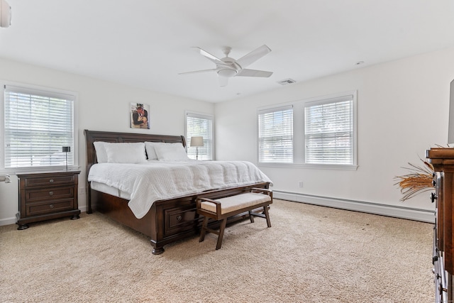 3657 Park Ave, Fairfield, CT 06825 - bedroom featuring baseboard heating, light colored carpet, and ceiling fan