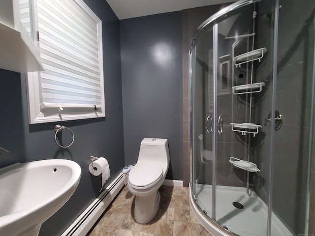 176 Hanover Rd, Newtown, CT 06470 - bathroom with a stall shower, toilet, a baseboard heating unit, a sink, and baseboards