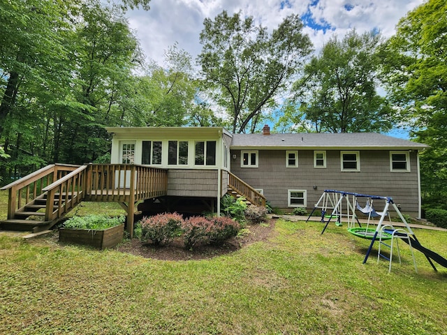 176 Hanover Rd, Newtown, CT 06470 - rear view of property featuring stairs, a playground, a lawn, a chimney, and a deck