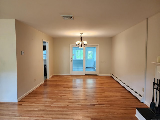 176 Hanover Rd, Newtown, CT 06470 - unfurnished dining area featuring baseboard heating, a chandelier, light wood-type flooring, and baseboards