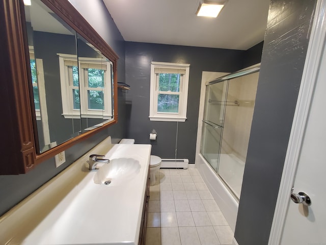 176 Hanover Rd, Newtown, CT 06470 - full bath with a baseboard radiator, vanity, enclosed tub / shower combo, and tile patterned flooring