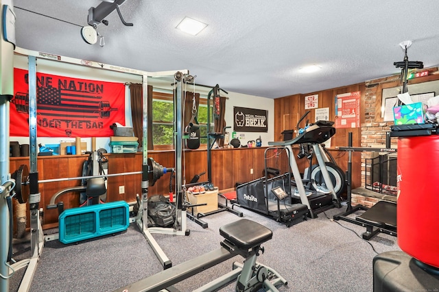 408 Reservoir Rd, Southbury, CT 06488 - exercise room with wood walls and a textured ceiling