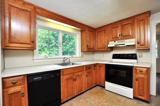 27 Prospect St, Bloomfield, CT 06002 - kitchen featuring black dishwasher, range with electric cooktop, under cabinet range hood, a sink, and brown cabinets