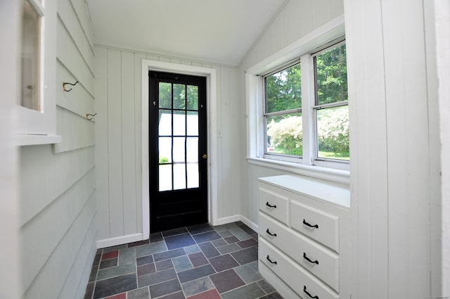 27 Prospect St, Bloomfield, CT 06002 - entryway featuring dark stone finish floors, baseboards, and vaulted ceiling