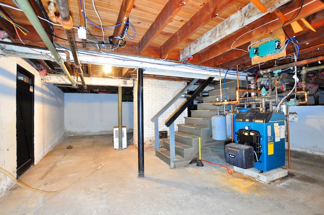 27 Prospect St, Bloomfield, CT 06002 - unfinished basement featuring stairway and a heating unit