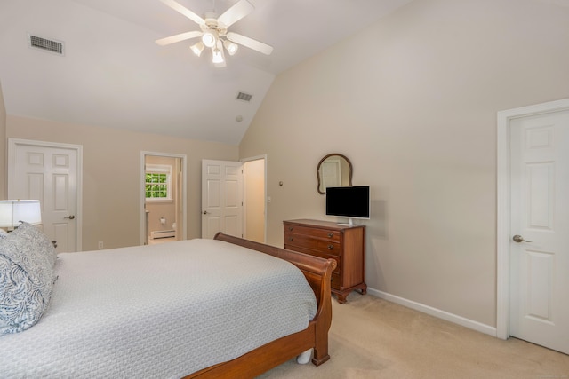 113 Charles St, Tolland, CT 06084 - bedroom with light colored carpet, vaulted ceiling, baseboards, a ceiling fan, and a baseboard radiator