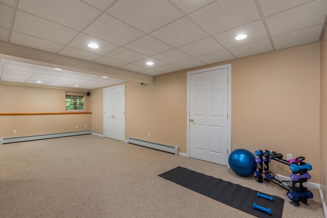 113 Charles St, Tolland, CT 06084 - workout area with a baseboard heating unit, recessed lighting, carpet floors, a paneled ceiling, and baseboards