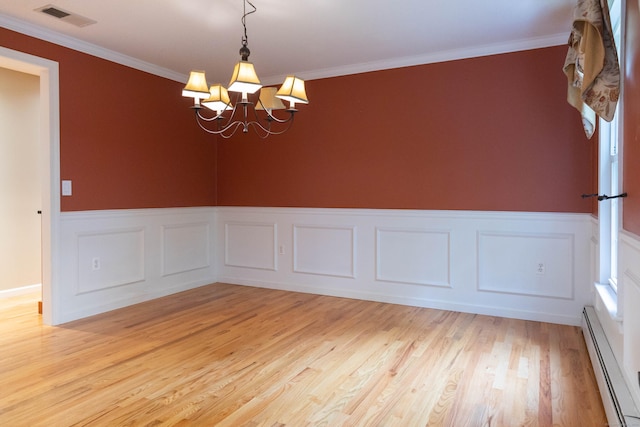 613 Ridgewood Rd, Middletown, CT 06457 - unfurnished room featuring baseboard heating, a chandelier, a wainscoted wall, light wood-style floors, and ornamental molding