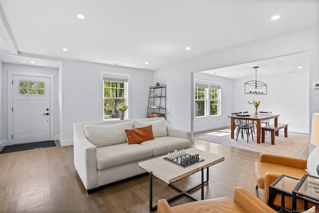 37 Highgate Rd, Trumbull, CT 06611 - living room with a chandelier, plenty of natural light, wood finished floors, recessed lighting, and baseboards