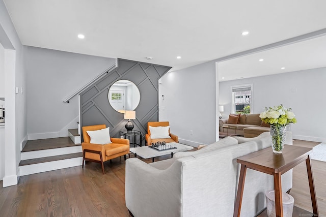 37 Highgate Rd, Trumbull, CT 06611 - living room with stairs, wood finished floors, baseboards, and recessed lighting